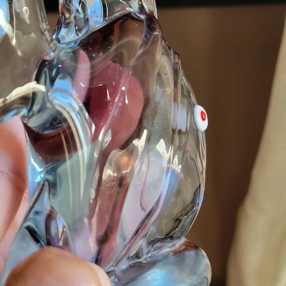 Murano-Style Art Glass Clear  Blue Fish Paperweight Red-Eyed Accent